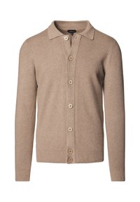 Beżowy kardigan z wełny z kołnierzem, zapięciem na guziki z przodu, długimi rękawami oraz ściągaczami u dołu i na mankietach. Gładka struktura z delikatnym wzorem dzianiny.