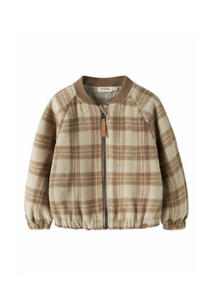 Beige and brown plaid wool jacket with full front zipper, ribbed collar and cuffs, and elastic waistband for a fitted look.