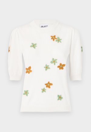 Pull blanc à manches courtes bouffantes, orné de broderies florales orange, vert et jaune. Encolure ronde classique et bord ribbé.