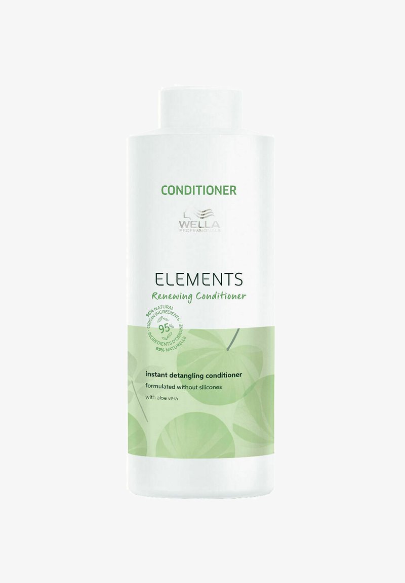 Bottiglia di plastica bianca di Wella Elements Renewing Conditioner; presenta decorazioni verdi e un design a foglie; etichettata per districare e priva di silicone.
