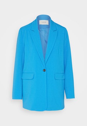 Lys blå blazer laget av glatt stoff, med en enkelt knappelukking, to frontlommer og design med notched lapel.
