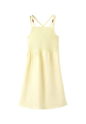 Robe jaune sans manches avec corsage smocké, bretelles ajustables avec perles en bois et jupe fluide.