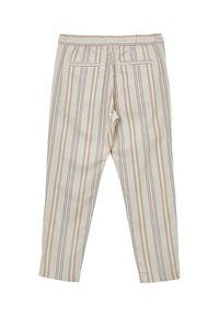 Pantalon rayé crème et beige avec taille élastique et deux poches passepoilées à l'arrière, posé à plat face vers l'arrière.