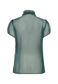 Sheer teal blouse featuring a ruffled collar, short puff sleeves, and a soft texture. Back view shows its lightweight, flowing fabric.
