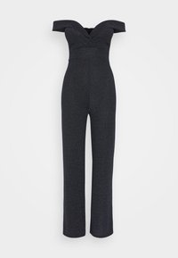 Mustat tuntursuitset, joissa on istuva yläosa, leveät lahkeet ja hienovaraista kimallusta kankaassa. V-mallinen kaula-aukko; ei näkyviä kiinnityksiä.