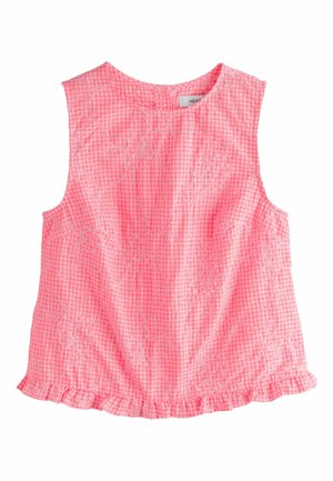 Ružový bezrukávový top v kockovanom vzore s kvetinovou výšivkou a volánovým lemom, s okrúhlym výstrihom a malým zapínaním na gombíky vzadu.