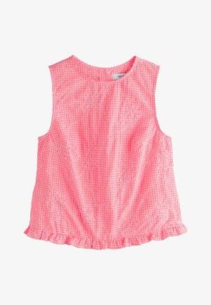 Ujjatlan rózsaszín kockás felső virágos hímzéssel és fodros alsó résszel, kerek nyakkivágással és apró hátul gombos záródással.