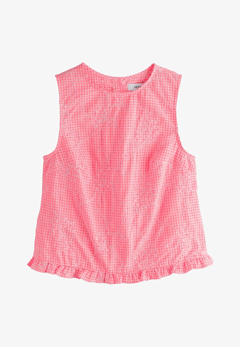 Ujjatlan rózsaszín kockás felső virágos hímzéssel és fodros alsó résszel, kerek nyakkivágással és apró hátul gombos záródással.