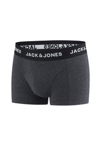 Grijze boxershort gemaakt van een katoenmix, met een zwarte tailleband waarop de tekst "JACK & JONES" in het wit is afgebeeld. Glad textuur, middenlange ontwerp.