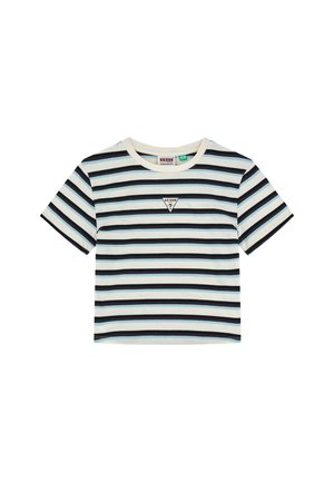 T-shirt à manches courtes rayé en bleu, noir et blanc. Présente un petit logo triangulaire sur la poitrine et un col rond.