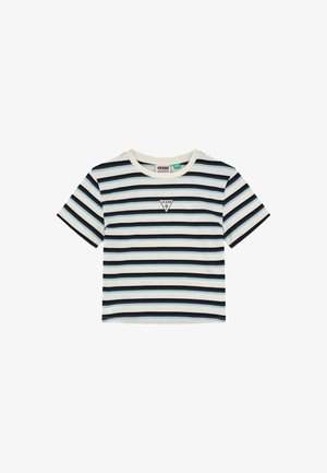 T-shirt à manches courtes rayé en bleu, noir et blanc. Présente un petit logo triangulaire sur la poitrine et un col rond.