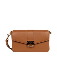 Braune Leder-Umhängetasche mit einem Klappverschluss, goldfarbener Hardware und verstellbarem Gurt. Sie zeichnet sich durch eine glatte Textur und klare Linien aus.