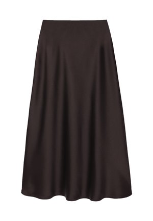 Brun satin midi nederdel med en glat tekstur, A-formet silhuet og en bred, svajende kant. Ingen synlige mønstre eller udsmykninger.