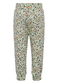 Lichtgroene broek met een verspreid stippenpatroon in oranje, marineblauw, wit en muntgroen. Heeft een elastische tailleband en geribde boorden.