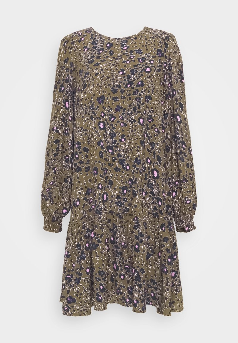 Robe verte olive à manches longues avec imprimé léopard floral noir et rose, poignets froncés et jupe ample à volants.
