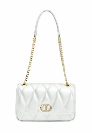 Borsa a tracolla in pelle bianca trapuntata con catena; presenta un dettaglio del logo dorato e una texture liscia con imbottitura a forma di diamante.