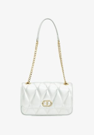 Borsa a tracolla in pelle bianca trapuntata con catena; presenta un dettaglio del logo dorato e una texture liscia con imbottitura a forma di diamante.