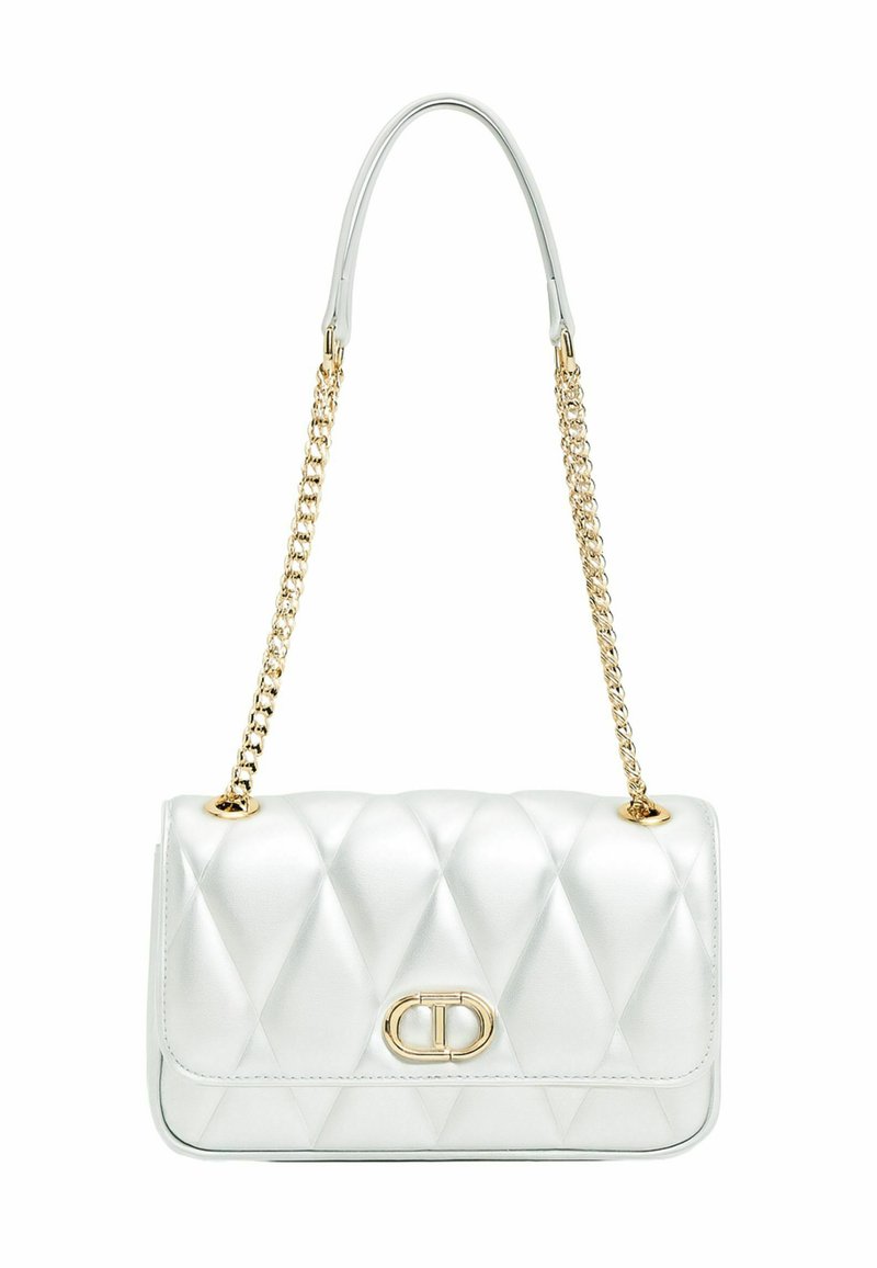 Borsa a tracolla in pelle bianca trapuntata con catena; presenta un dettaglio del logo dorato e una texture liscia con imbottitura a forma di diamante.
