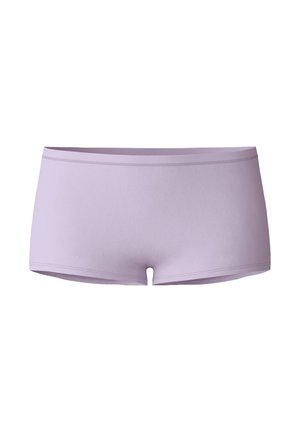 Lavendelfarbene Baumwollboxershorts mit glatter Textur, ausgestattet mit einem niedrigen Bund und feinen Streifen nahe der Oberkante für zusätzliche Details.