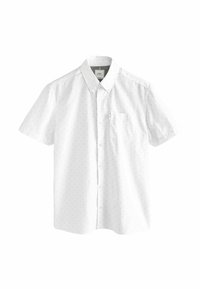 Weißes Kurzarmhemd mit Button-Down-Kragen, das ein dezentes Punktemuster und eine Brusttasche aufweist. Hergestellt aus glattem, leichtem Stoff.
