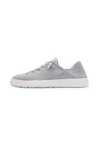 Grey sneaker featuring a textured fabric upper with a low profile, white rubber sole, round toe, and traditional lace-up design.