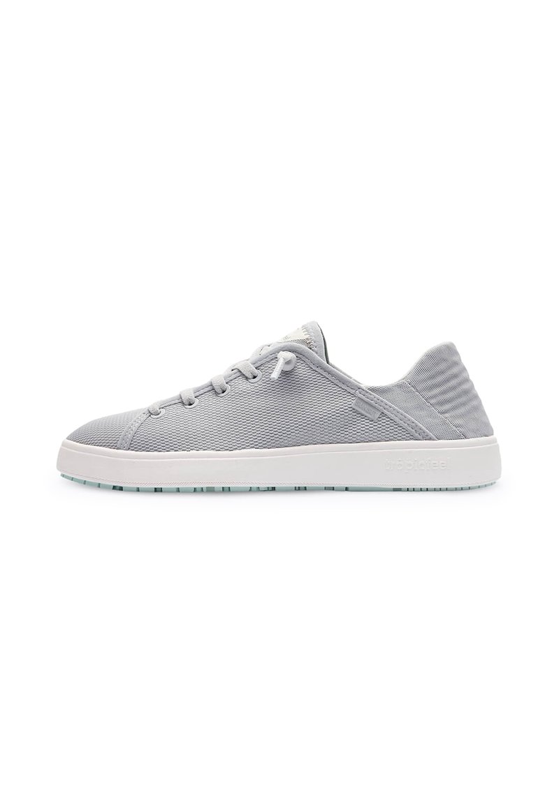 Grey sneaker featuring a textured fabric upper with a low profile, white rubber sole, round toe, and traditional lace-up design.