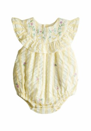 Detský overal s žltými a bielymi pruhmi, volánovým golierom a vyšívanými kvetinovými detailmi. Elastické otvory na nohách pre pohodlie.