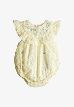 Geltonos ir baltos spalvos juostuotas kūdikio kombinezonas su raukšlėtu apykakle ir siuvinėtomis gėlių detalėmis. Elastingi kojų atidarymai patogumui.
