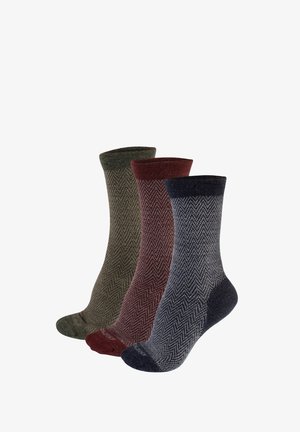 Three pairs of socks in green, burgundy, and navy blue. Each sock features a herringbone pattern and a ribbed cuff design.