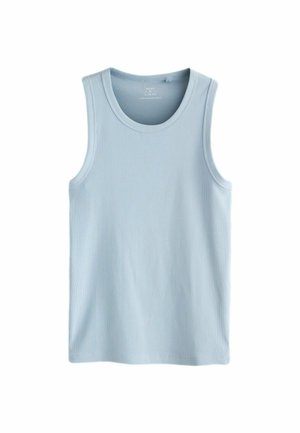 Svetlomodrý rebrovaný tielkový top bez rukávov s okrúhlym výstrihom, zobrazený na bielom pozadí.