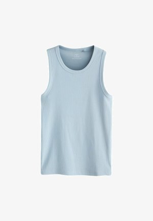 Top bleu deschis fără mâneci, cu dungi și decolteu rotund, afișat pe un fundal alb.