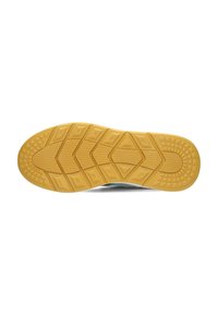 Suela de zapato de goma con un patrón texturizado en forma de panal, de color amarillo y con formas geométricas para tracción y agarre.