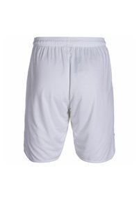 Weiße Sportshorts mit einem elastischen Bund, aus leichtem Material gefertigt. Sie besitzen eine glatte Oberfläche und eine lockere Passform. Keine sichtbaren Logos oder Muster.