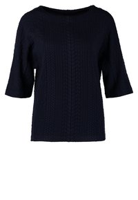 Maglione in misto lana blu navy con scollo rotondo e maniche a tre quarti, caratterizzato da un motivo a treccia testurizzato su tutta la superficie.