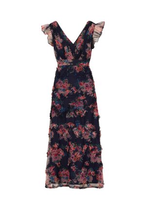 Bloemen maxi-jurk in donker marineblauw met gerimpelde korte mouwen, gelaagd ontwerp en roze en groene bloemenpatronen over de hele jurk. Verticale plooien bij het lijfje.