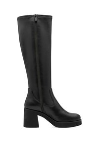 Bottes noires arrivant au genou en cuir lisse avec un talon carré, une fermeture éclair sur le côté et un design épuré, présentant des coutures minimales et aucune ornementation visible.