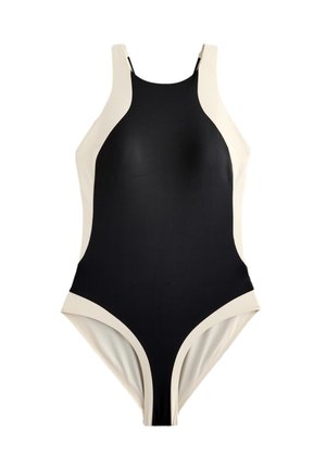 Čierny jednodielny plavky s béžovými bočnými panelmi a ramienkami, vysokým výstrihom a stredným vyrezaním nohavíc, zobrazený na bielom pozadí.