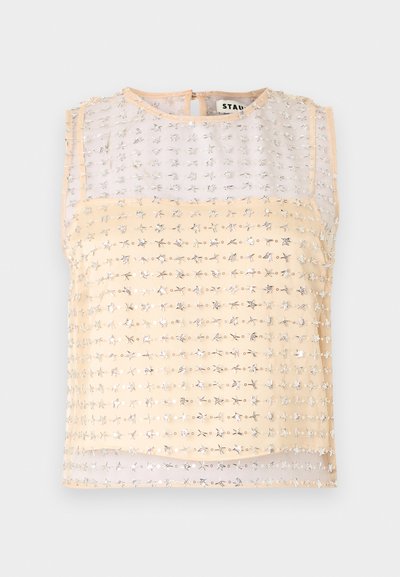 Sleeveless top featuring a beige base with a sheer overlay, adorned with silver floral embroidery and a round neckline.