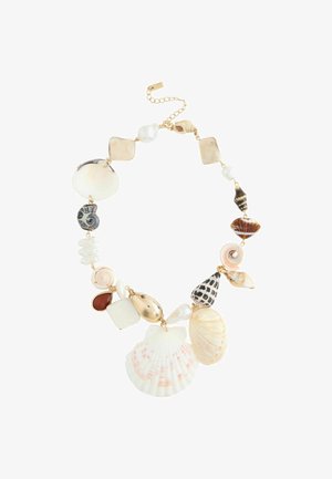 Gold-tone necklace featuring varied seashells, pearls, and textured resin pieces; includes different shapes and sizes with a beach-inspired design.