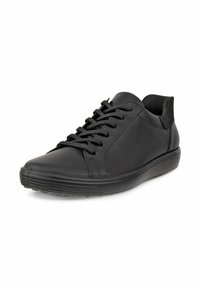 Sneaker in pelle nera con design stringato, texture liscia, punta arrotondata e suola in gomma a profilo basso. Nessun logo o decorazione visibile.