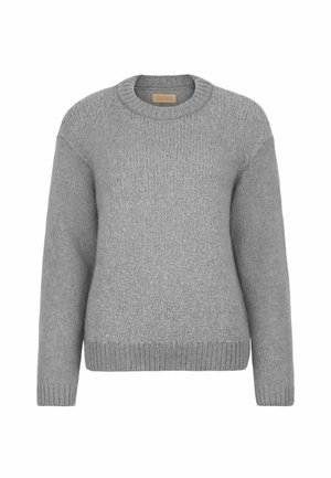 Grauer Pullover mit strukturiertem Strickdesign, Rundhalsausschnitt und gerippten Bündchen sowie Saum. Der Stoff wirkt weich und leicht strukturiert.