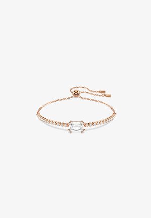 Roze goud armband met een centrale rechthoekige edelsteen en een ketting van kleine heldere stenen, verstelbaar met een schuifsluiting.