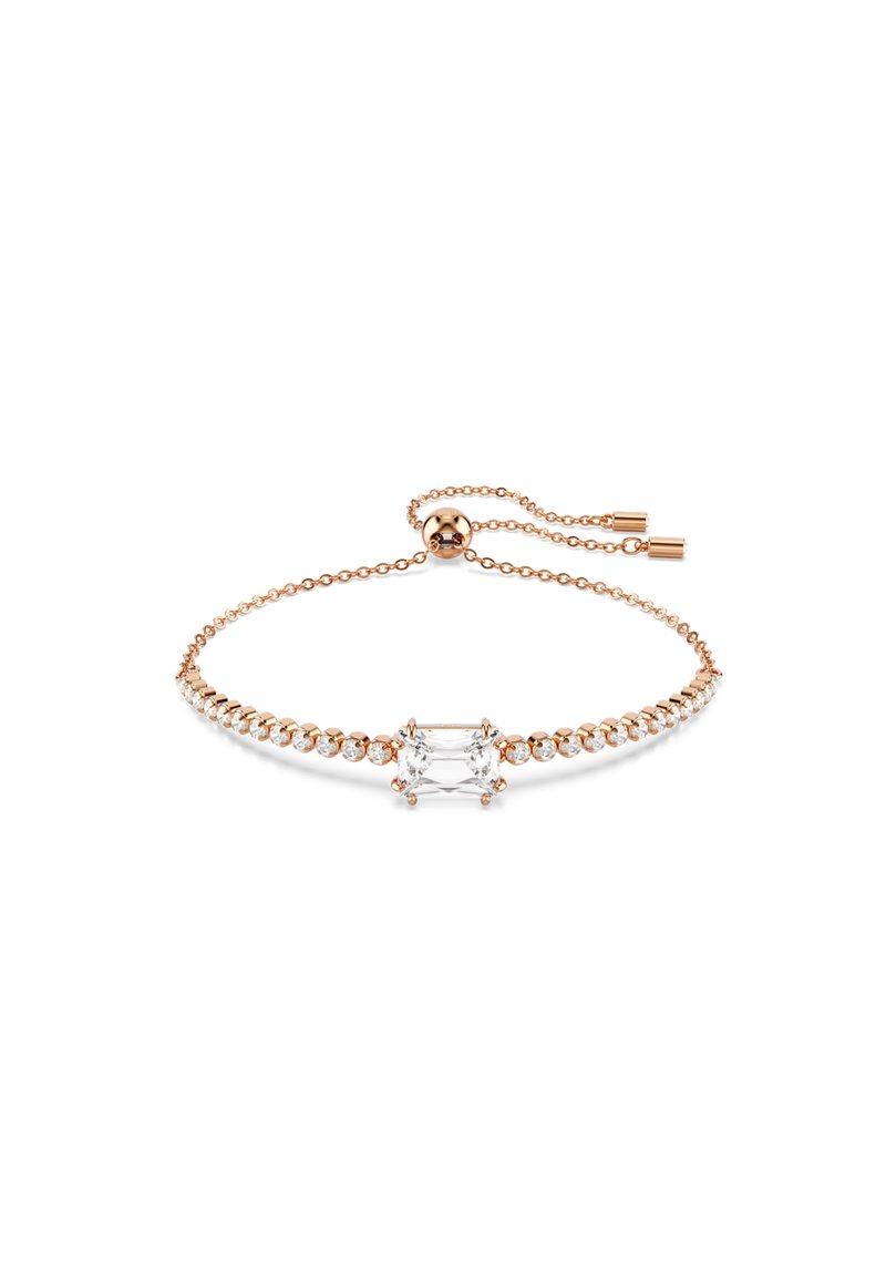 Bracelet en or rose avec une pierre précieuse rectangulaire centrale et une chaîne de petites pierres transparentes, ajustable grâce à un fermoir coulissant.