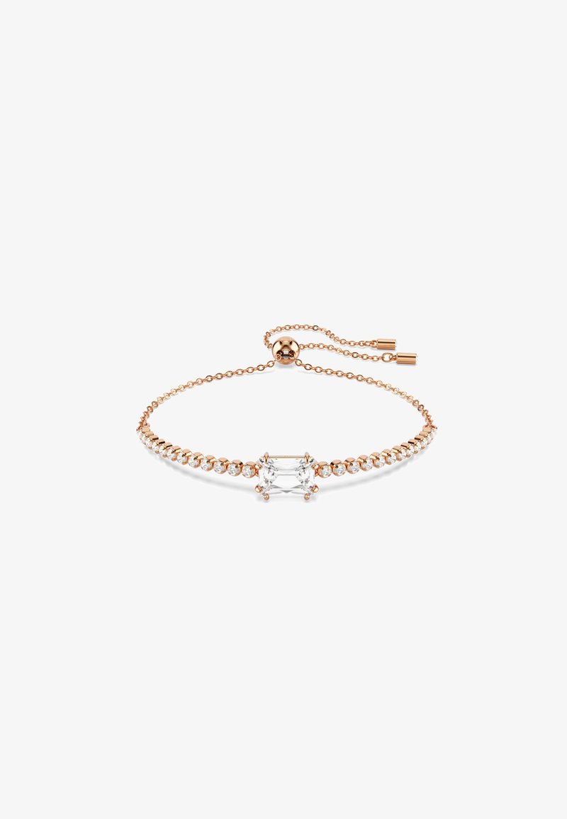 Bracelet en or rose avec une pierre précieuse rectangulaire centrale et une chaîne de petites pierres transparentes, ajustable grâce à un fermoir coulissant.