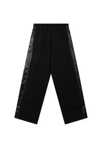 Zwarte sweatpants met wijde pijpen, voorzien van satijnen zijkanten en een elastische tailleband. Inclusief een enkele achterzak. Glad van structuur.