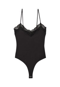 Body nero con pizzo, bretelle regolabili e taglio brasiliano. Presenta una texture liscia e chiusura con bottoni sul fondo.