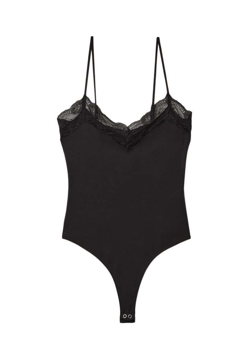 Body nero con pizzo, bretelle regolabili e taglio brasiliano. Presenta una texture liscia e chiusura con bottoni sul fondo.