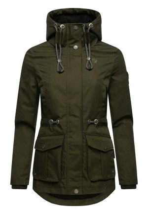 Parka à capuche pour femme de couleur vert foncé, avec cordons réglables, boutons-pression à l'avant et deux grandes poches à rabat.