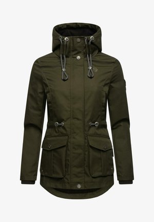 Parka à capuche pour femme de couleur vert foncé, avec cordons réglables, boutons-pression à l'avant et deux grandes poches à rabat.