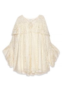 Pitkiä hihoja ja solmimisnauha kauluksessa varustettu kerroksellinen pitsipusero kermansävyssä. Sisältää monimutkaisia kukkakuvioita koko puserossa.